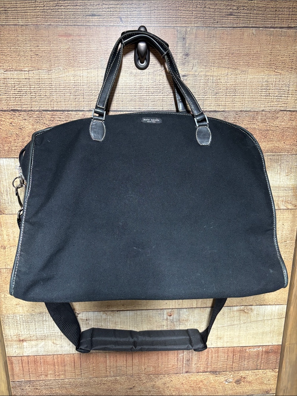 kate spade Black Canvas Duffel with Leather Handles shoulder strap